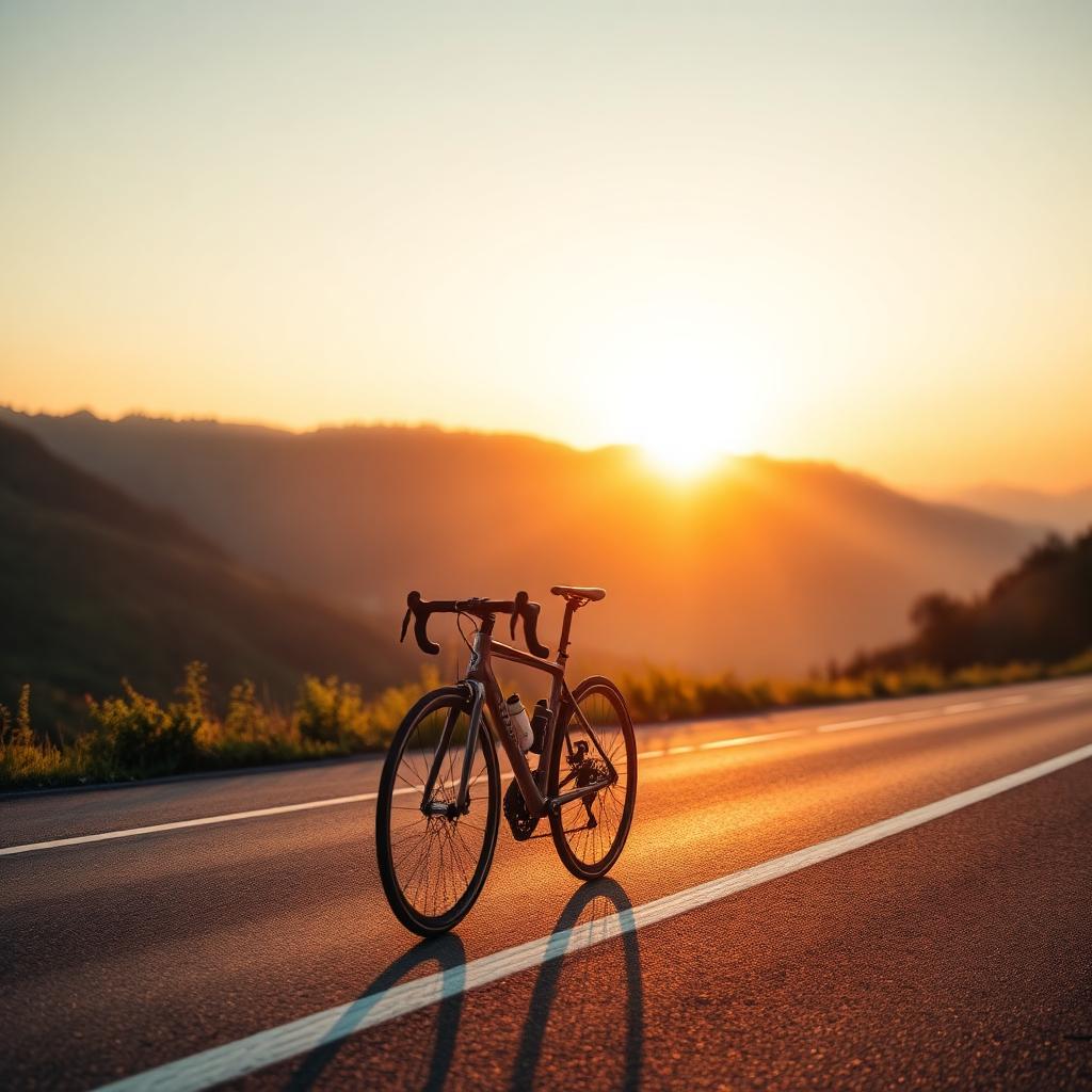 Ciclista em estrada de montanha ao nascer do sol